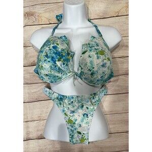 Victoria's Secret BOMBSHELL Push Up SWIM SET  floral blue Bikini 38D/Large